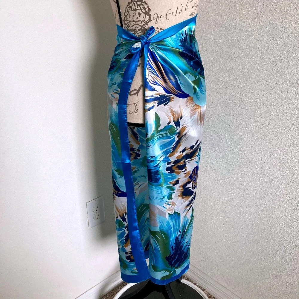 Oversized Square Blue Floral Satin Scarf Head Neck Hair boho Tropical Wrap 💖